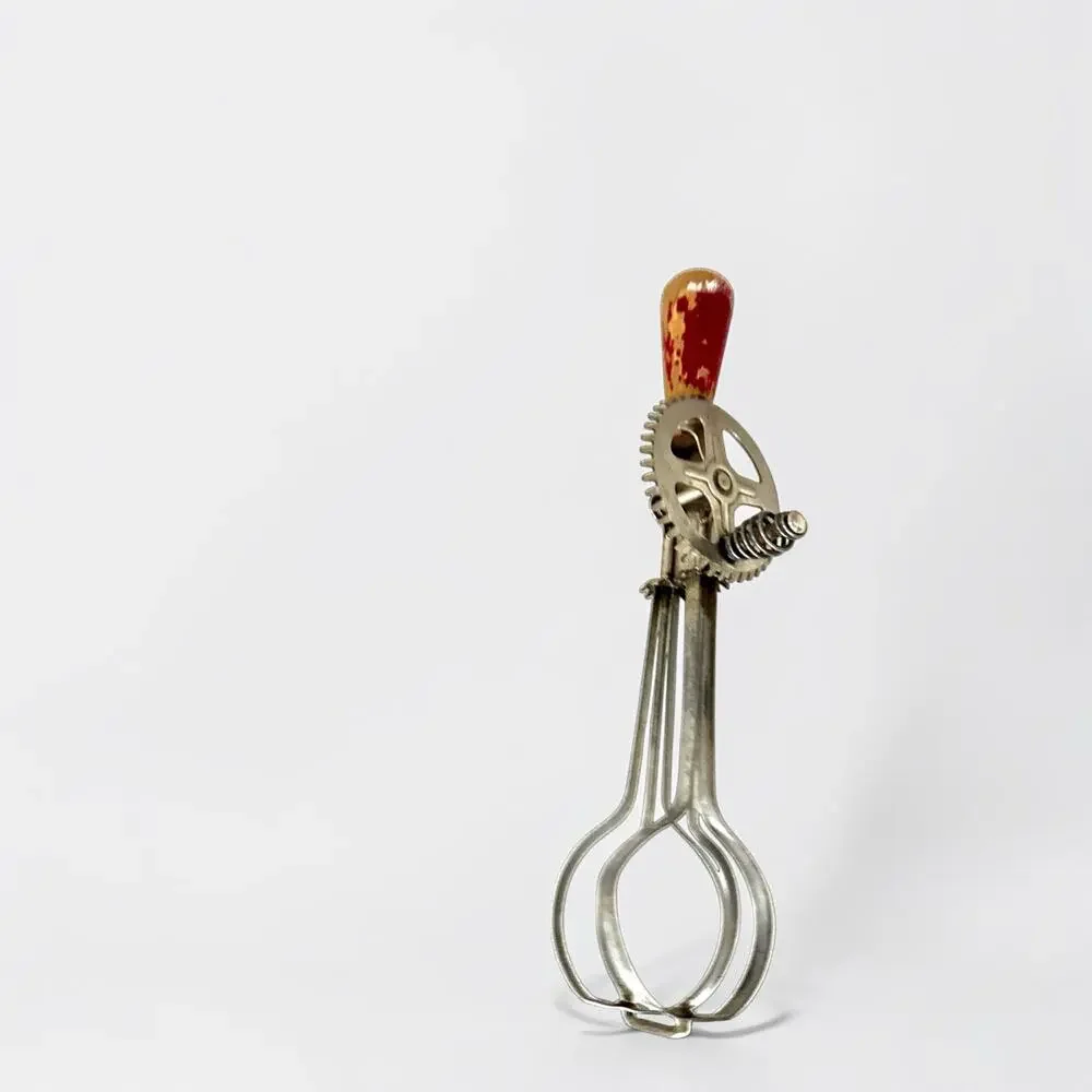 Vintage Red Handle Hand Crank Egg Beater Mixer Wood Handle Farmhouse Kitchen